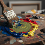 Close-up de um pincel largo encostado sobre uma paleta de madeira manchada de tinta. As cerdas estão mergulhadas em uma mistura espiralada de verde, azul, amarelo e vermelho, criando um efeito marmorizado. Ao fundo, desfocados, aparecem tubos de tinta e uma tela apoiada, sugerindo um ambiente de ateliê artístico.