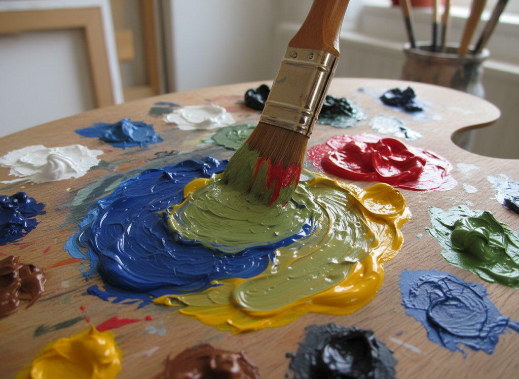 Close-up de um pincel largo misturando tinta verde sobre uma paleta de madeira. Ao redor, há porções espessas de tinta azul, amarela, vermelha, branca e preta, criando texturas marcadas e brilhantes. O fundo desfocado mostra parte de um ateliê com pincéis em um recipiente e uma tela apoiada, sugerindo o processo criativo em andamento.